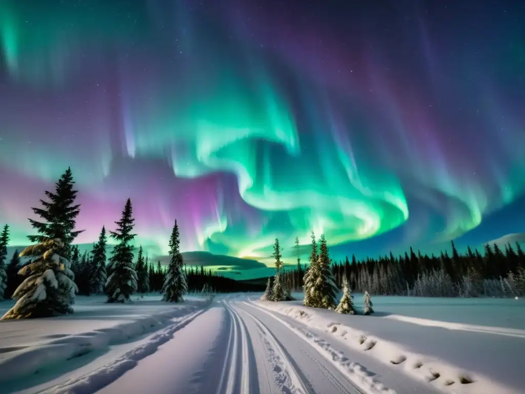 La Madre Naturaleza en mitología nórdica: Aurora boreal iluminando bosque mágico con tonos verdes y morados