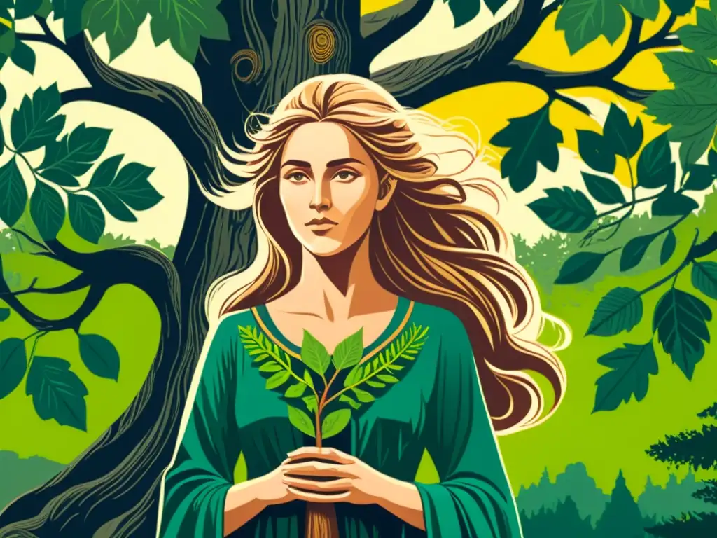 La Madre Naturaleza en mitología nórdica: Detallada ilustración de Fjörgyn, diosa de la tierra y la naturaleza, entre un bosque exuberante