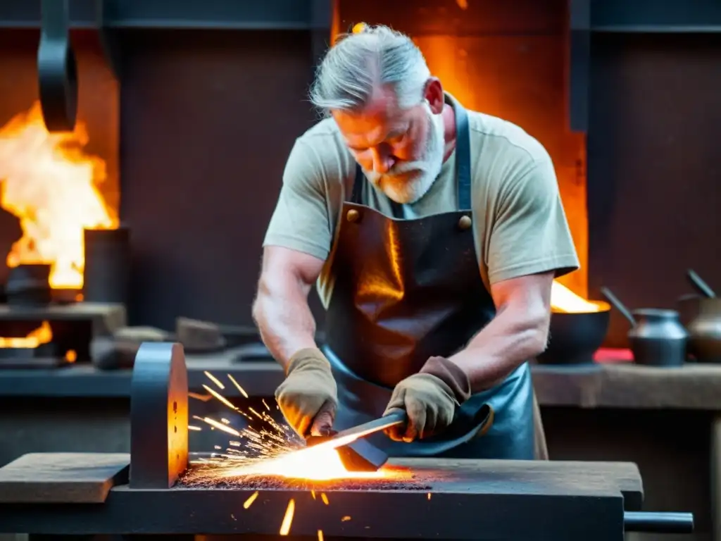 Maestro herrero forja armas vikingas en su taller, iluminado por el resplandor del metal fundido