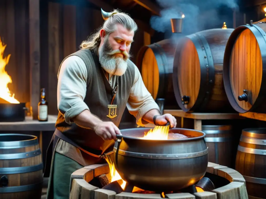 Un maestro cervecero vikingo remueve una olla de cerveza casera estilo vikingo sobre llamas en una cervecería rústica