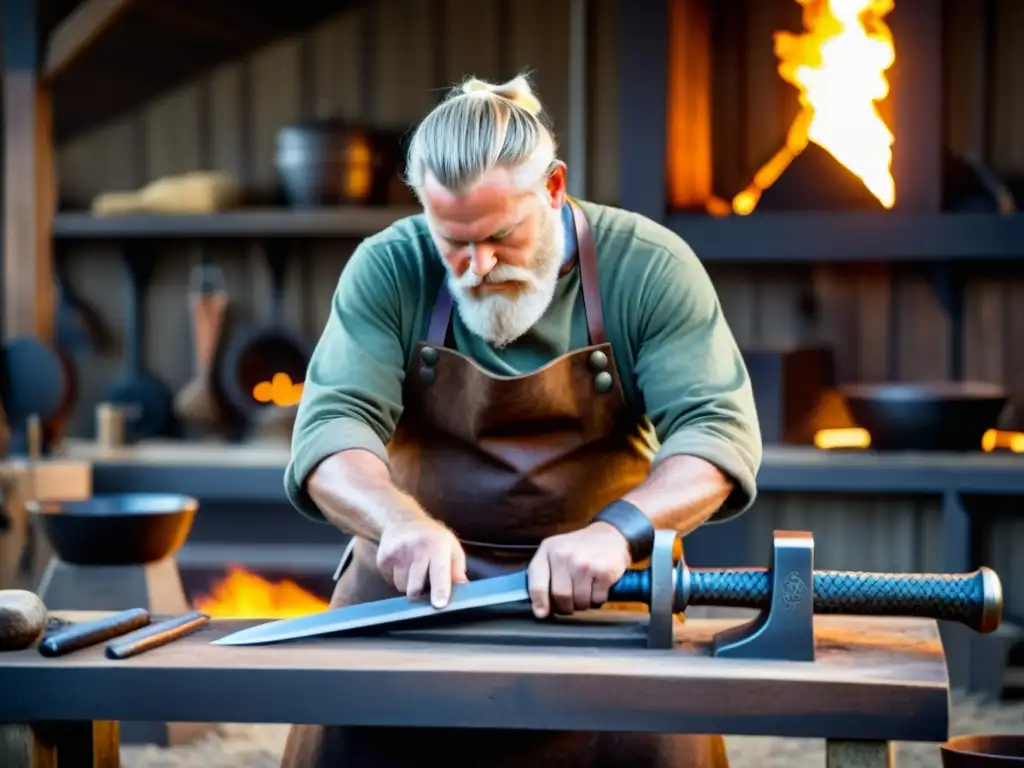 Maestro herrero forja espada vikinga rodeado de herramientas tradicionales