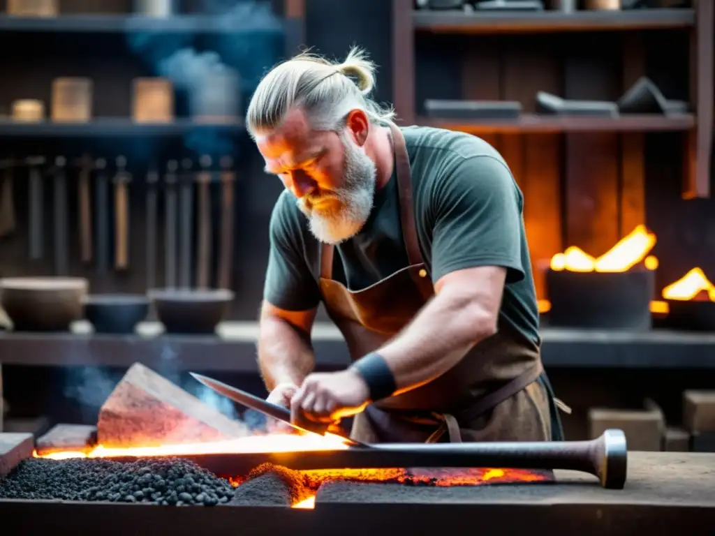 Un maestro forjador crea réplicas exactas de espadas vikingas en fragua iluminada por brasas, reflejando autenticidad y artesanía