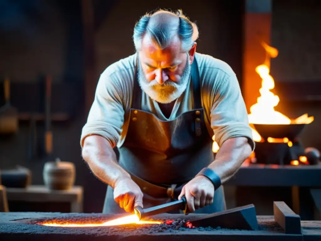 Maestro forjador en su taller creando réplicas exactas espadas vikingas, iluminado por el brillo de las brasas incandescentes