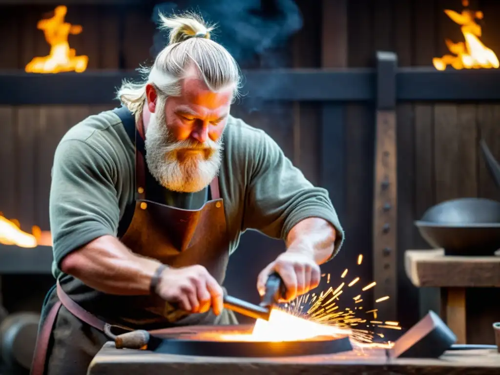 Un maestro herrero forja con detalle un escudo vikingo decorativo de alta calidad, entre chispas y concentración en su taller iluminado por el fuego