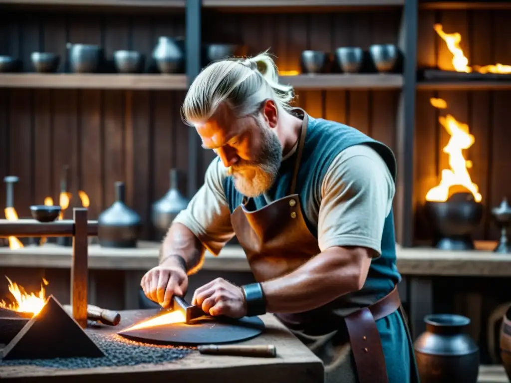 Un maestro herrero elabora réplicas de armaduras era vikinga en su taller iluminado por brasas y herramientas antiguas