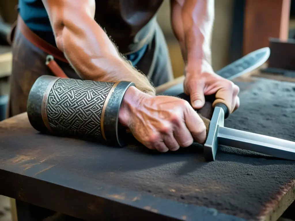 Un maestro herrero restaura con precisión una antigua espada vikinga, mostrando la artesanía y tradición en la restauración de armas vikingas antiguas