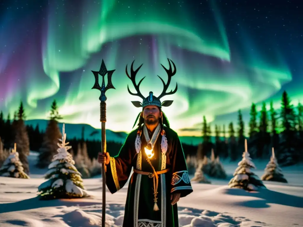 Un mágico ritual de adoración a dioses nórdicos en el bosque bajo la Aurora Boreal