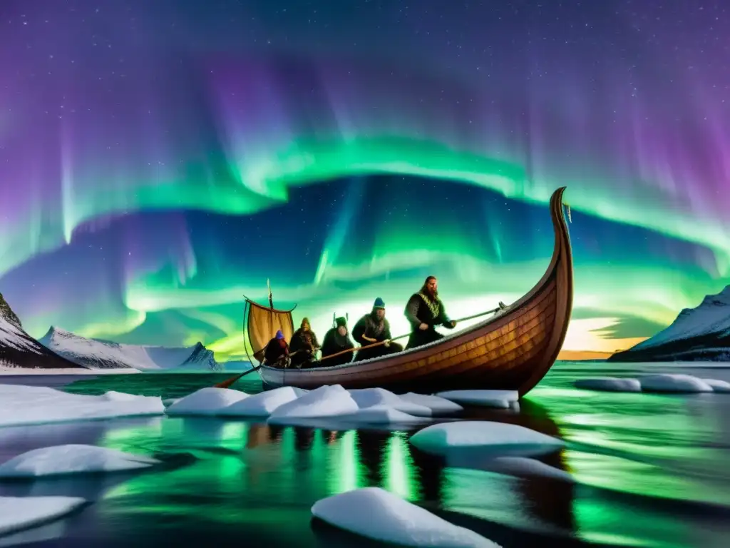 Un mágico drakkar vikingo surca aguas heladas bajo las Auroras Boreales, con vikingos realizando diversas actividades a bordo