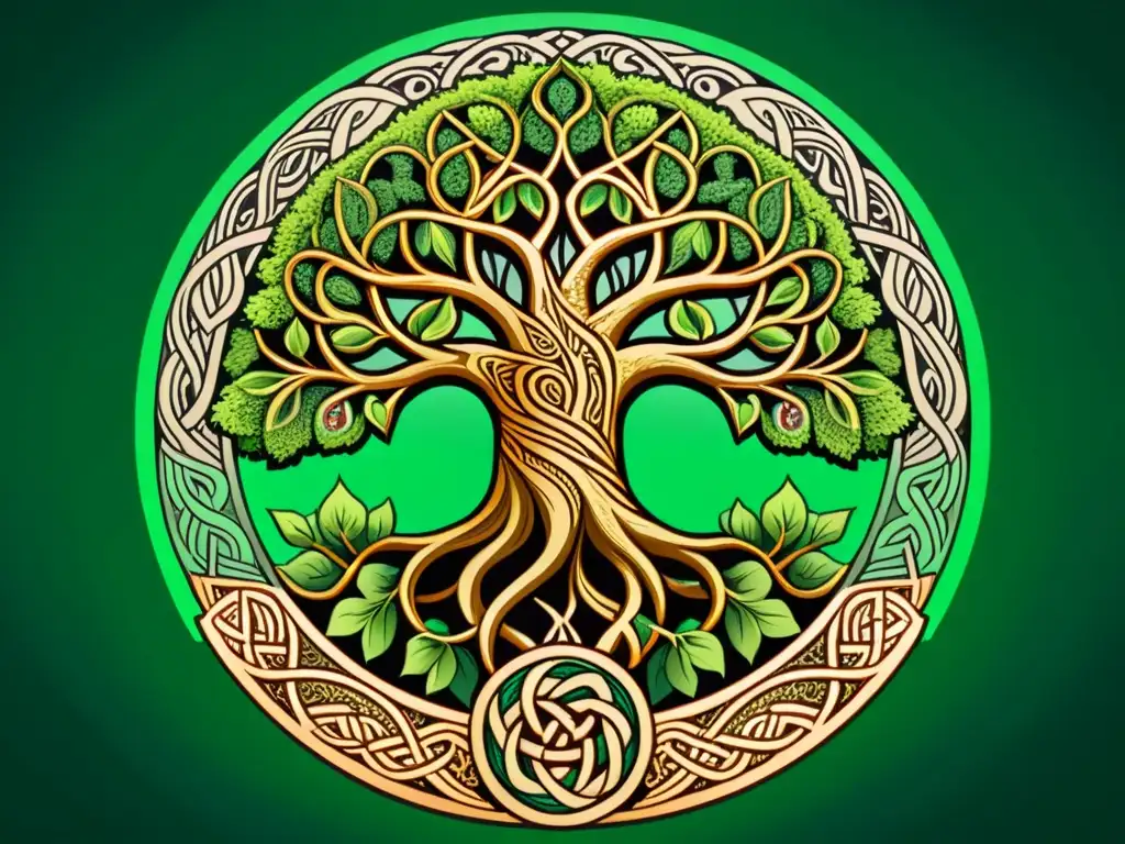 Majestuosa ilustración de Yggdrasil, el Árbol del Mundo en la mitología nórdica, con detalles intrincados y seres míticos