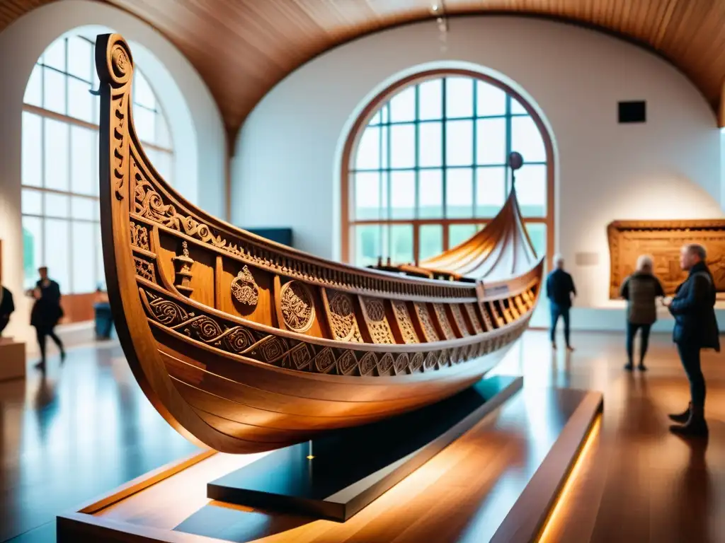 Majestuosa reconstrucción de un barco vikingo en el Museo Nacional de Dinamarca, con motivos vikingos y visitantes maravillados