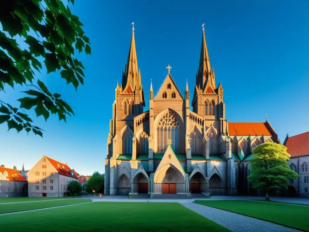 La majestuosa Catedral de Nidaros en Trondheim, Noruega, capital de los Reyes Vikingos en Noruega, destaca en su arquitectura gótica rodeada de exuberante vegetación bajo un cielo azul