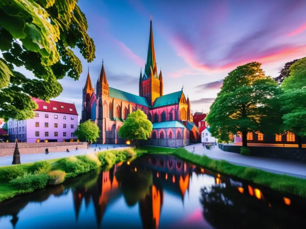 La majestuosa Catedral de Nidaros en Trondheim, Noruega, bajo el sol de medianoche, rodeada de historia y belleza natural