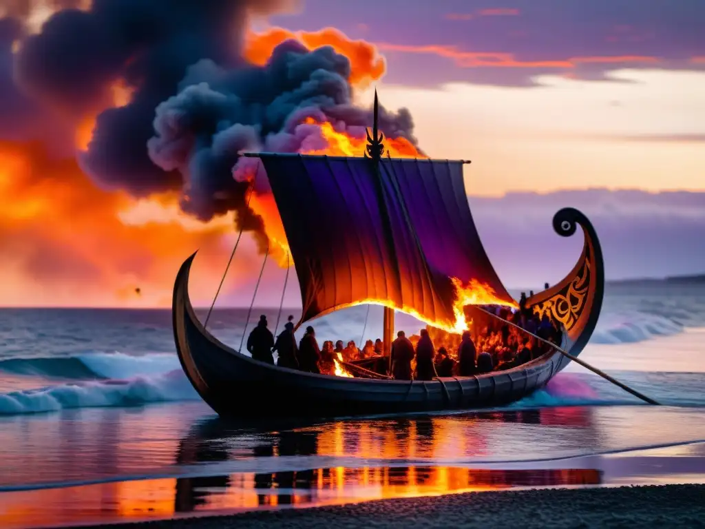 Una majestuosa ceremonia funeraria vikinga con música, poesía y tradición, donde un drakkar arde en el mar al atardecer