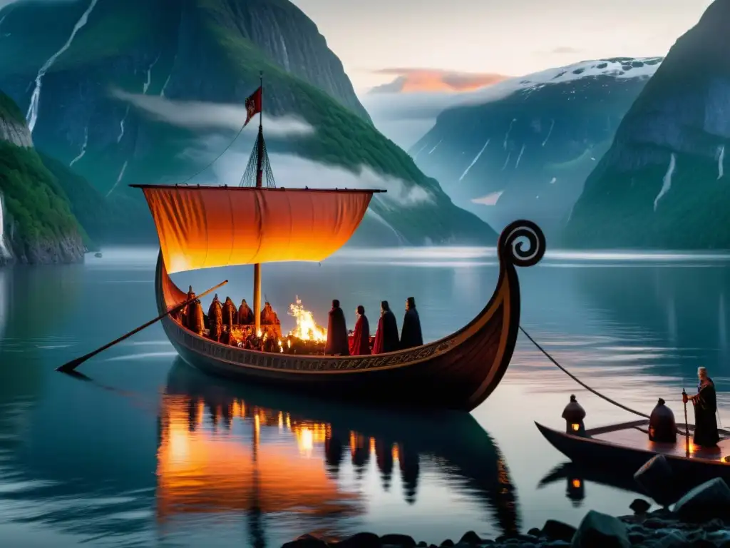 Una majestuosa ceremonia funeraria vikinga al amanecer en un fiordo brumoso, con música y poesía en el aire
