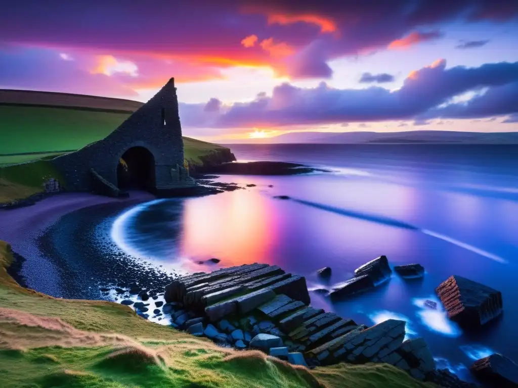 La majestuosa costa de Orkney con ruinas vikingas al atardecer, reflejando la historia vikinga en el archipiélago