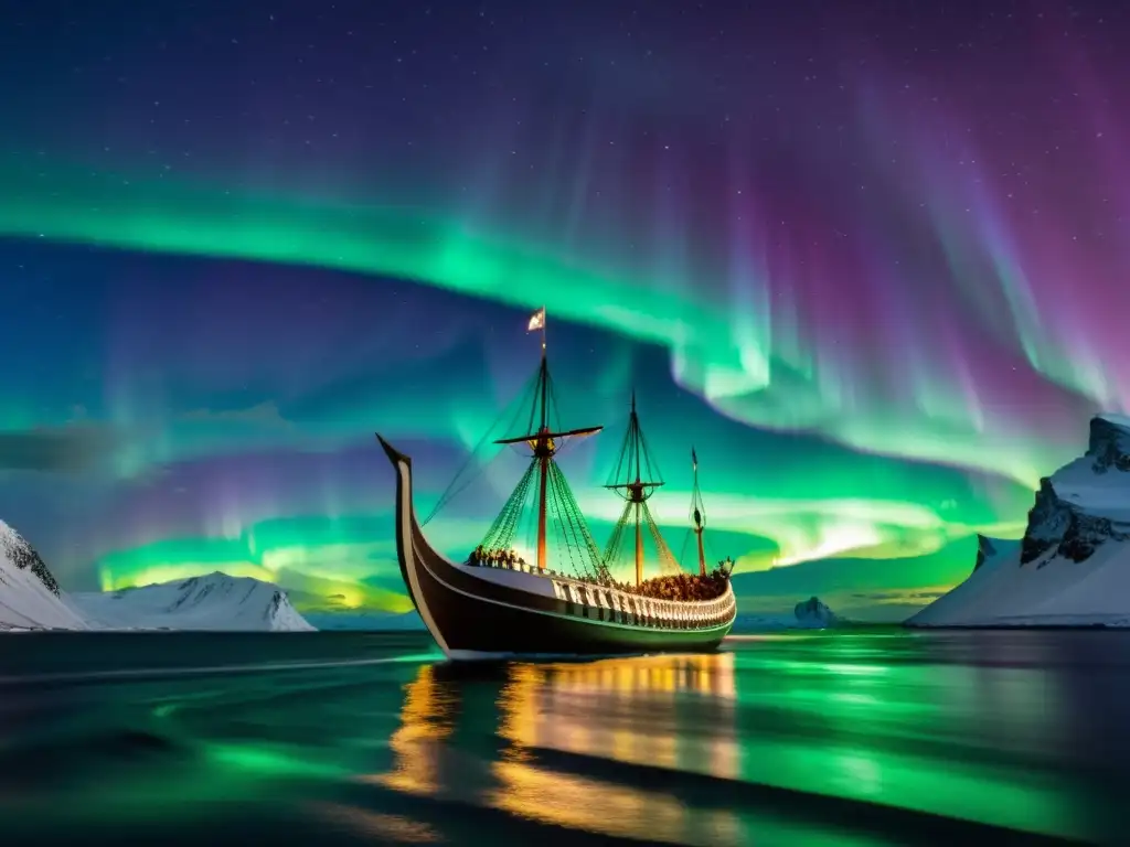 Una majestuosa nave vikinga navega bajo las Luces del Norte en el Círculo Ártico, con tripulación diversa y vestimenta tradicional