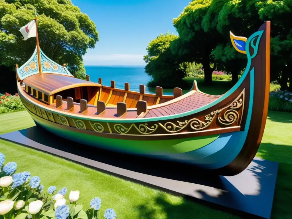 Una majestuosa nave vikinga de madera oscura, con detalles decorativos y escudos coloridos, reposa en un jardín exuberante