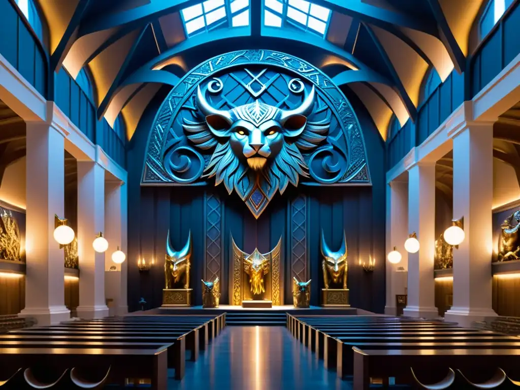 Dioses nórdicos en Asgard: poder, misticismo y divinidad Ilustración majestuosa del Panteón Nórdico dioses poderes reunidos en un gran salón de Asgard, cada uno mostrando sus características únicas y poderes