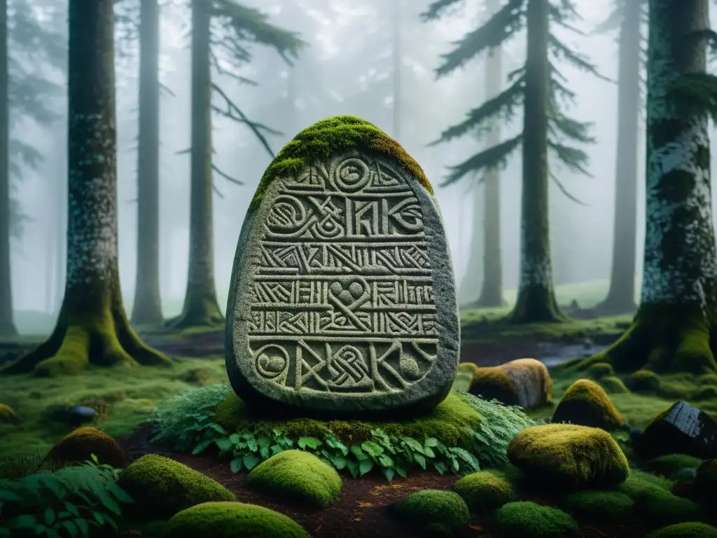 Majestuosa piedra rúnica vikinga en un bosque antiguo y neblinoso