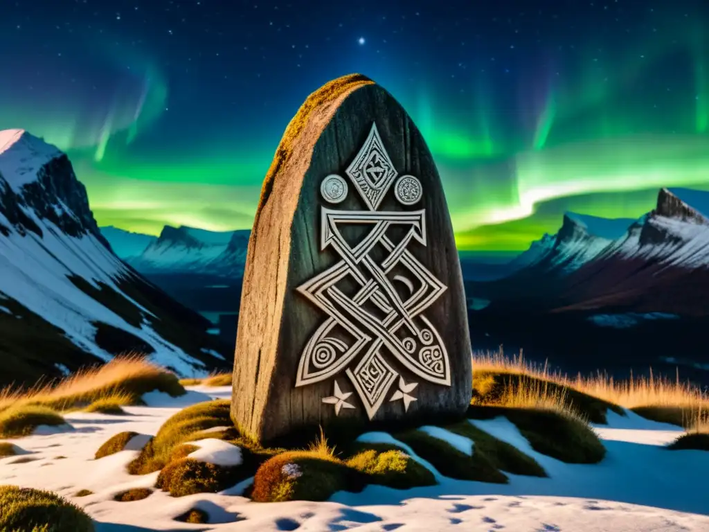 Majestuosa piedra rúnica vikinga con símbolos antiguos y aurora boreal, reflejando amuletos vikingos protección espiritual