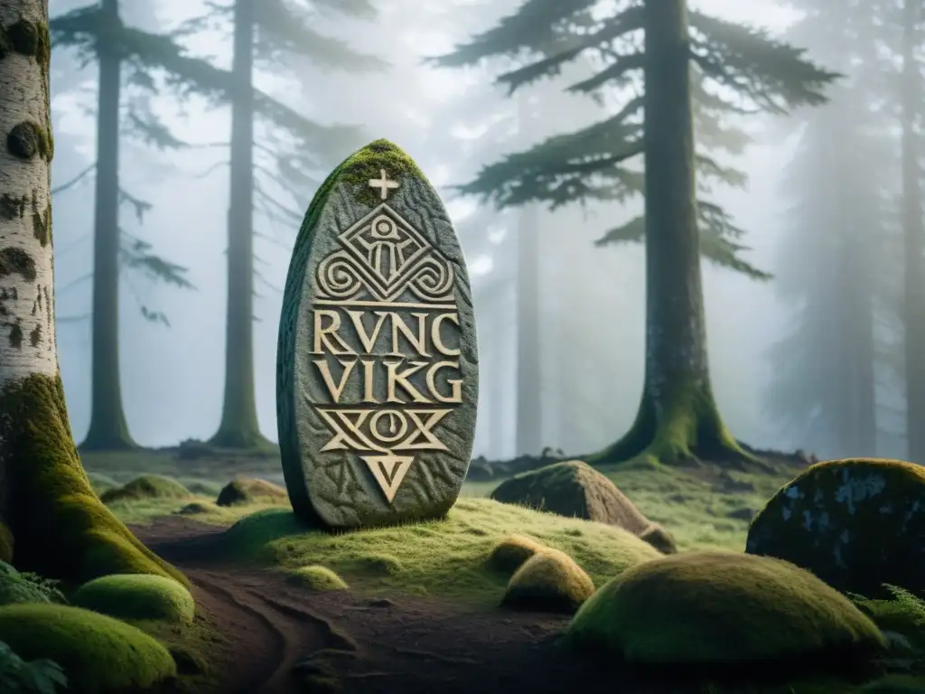 Majestuosa piedra rúnica vikinga en bosque nórdico neblinoso, con alfabeto rúnico y luz etérea