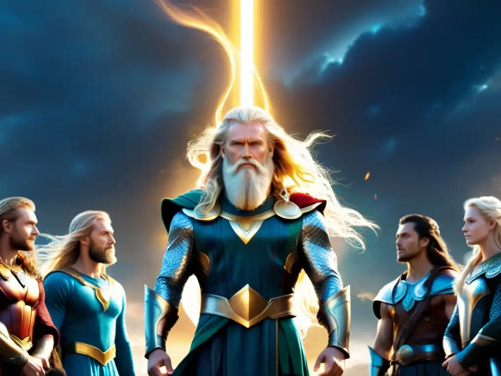 La majestuosa ilustración del dios Balder en Asgard, rodeado de dioses nórdicos, con su radiante belleza y el trágico destino que le aguarda