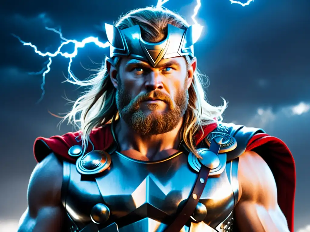 Ilustración majestuosa de Thor, dios nórdico del trueno, con su martillo Mjölnir alzado, mientras relámpagos iluminan el fondo