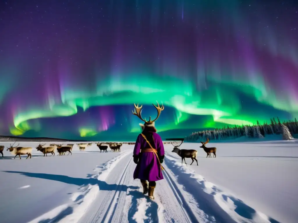 Majestuosa aurora boreal verde y morada sobre paisaje nevado en Laplandia con criador de renos Sami, fusionando naturaleza y tradición