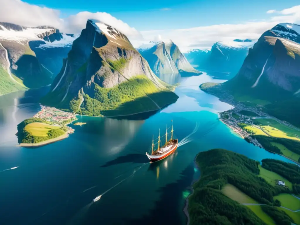 Explora la majestuosidad de un fiordo noruego con un barco vikingo navegando en aguas cristalinas