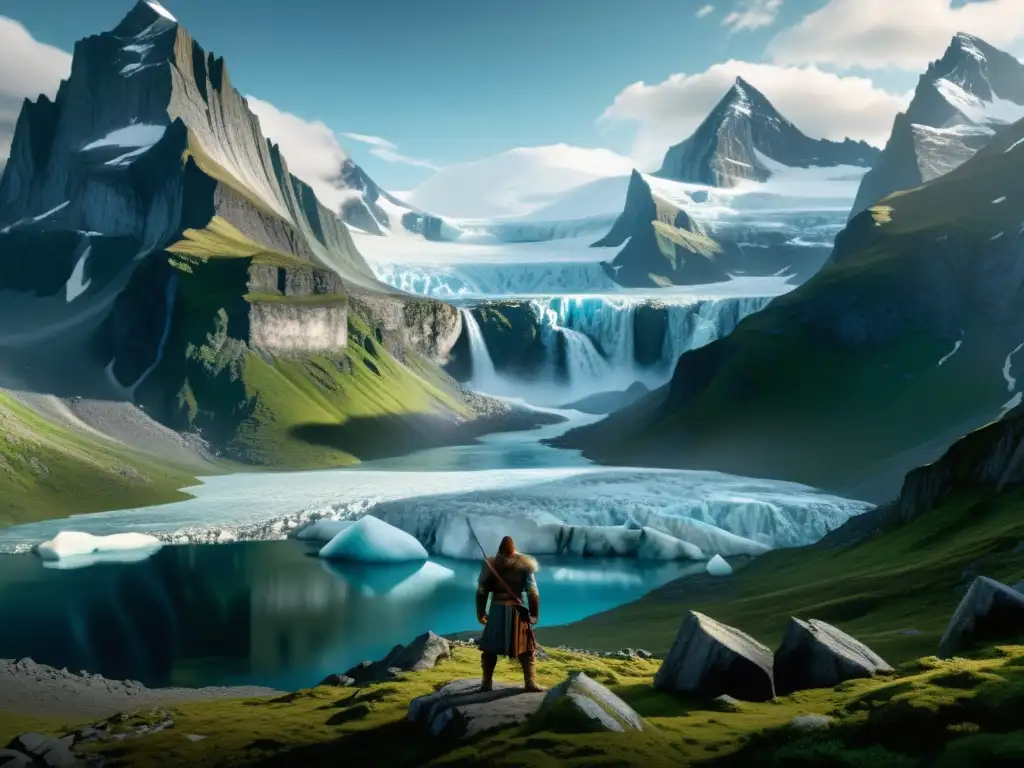 Descubre la majestuosidad de Jotunheim en una ilustración detallada, con montañas, glaciares y bosques ocultando criaturas