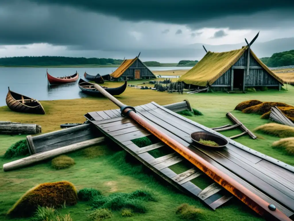 La majestuosidad vikinga desvanecida: ruinas de casas, campos abandonados, restos de barcos y armas, bajo un cielo tormentoso
