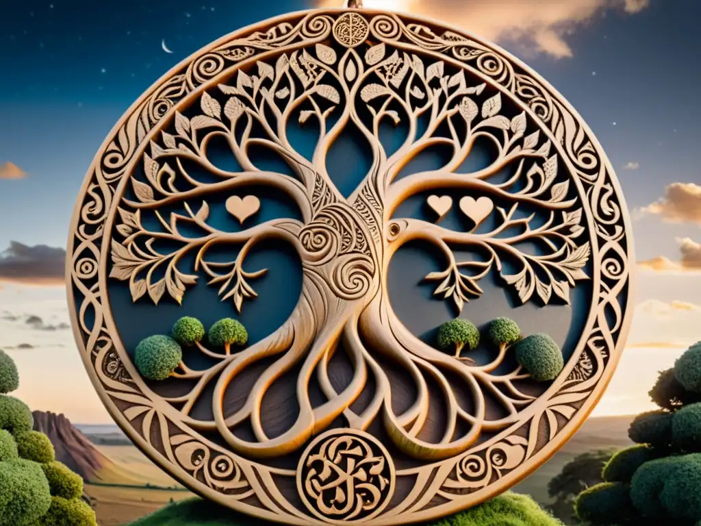 Un majestuoso Árbol de la vida vikingo rodeado de criaturas míticas y las luces del norte