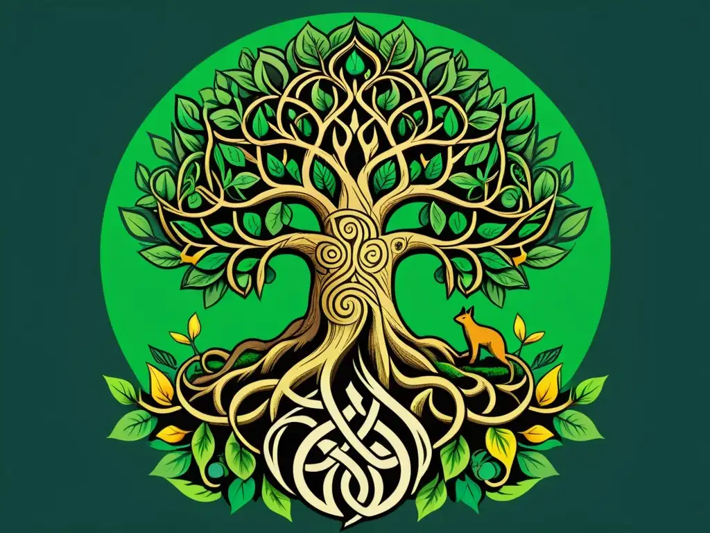 Majestuoso árbol Yggdrasil vikingo con criaturas y símbolos nórdicos, en un escenario místico de los nueve reinos