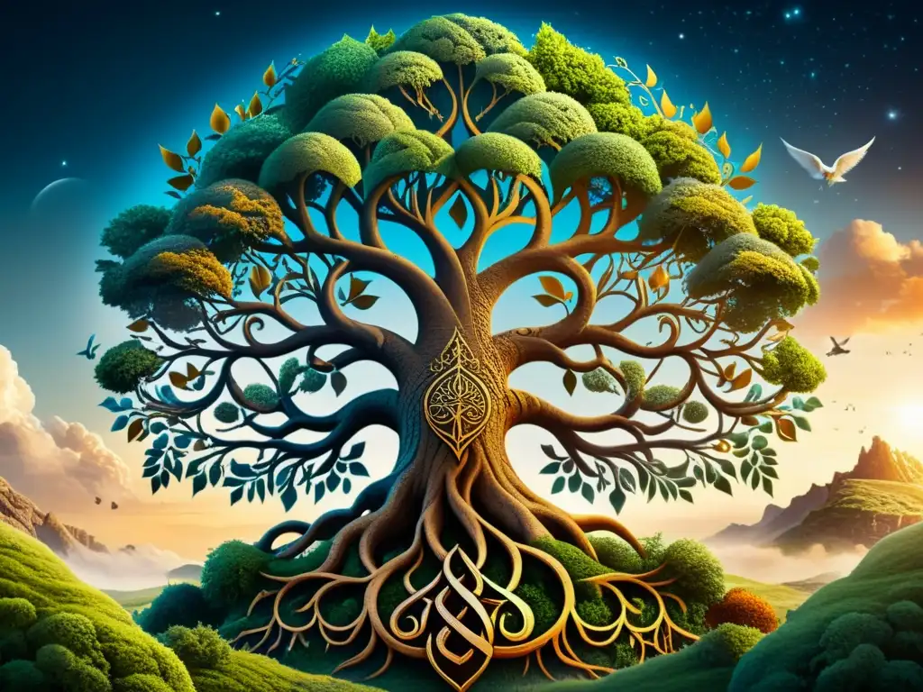 Un majestuoso árbol Yggdrasil de la mitología nórdica, con runas y criaturas místicas