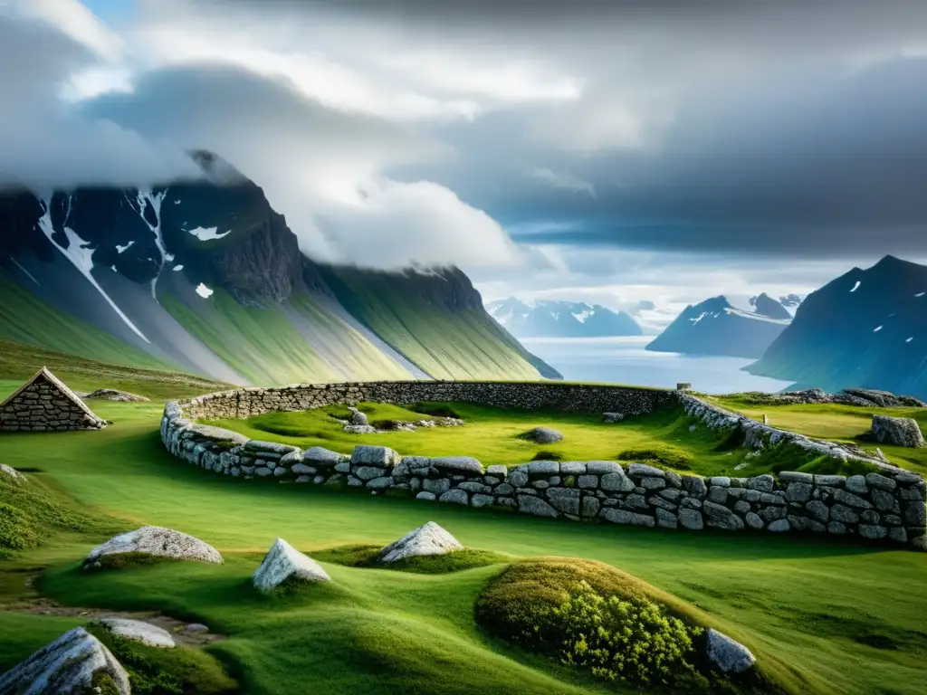 Majestuoso asentamiento vikingo en Groenlandia, con ruinas de una casa larga de piedra y musgo verde vibrante