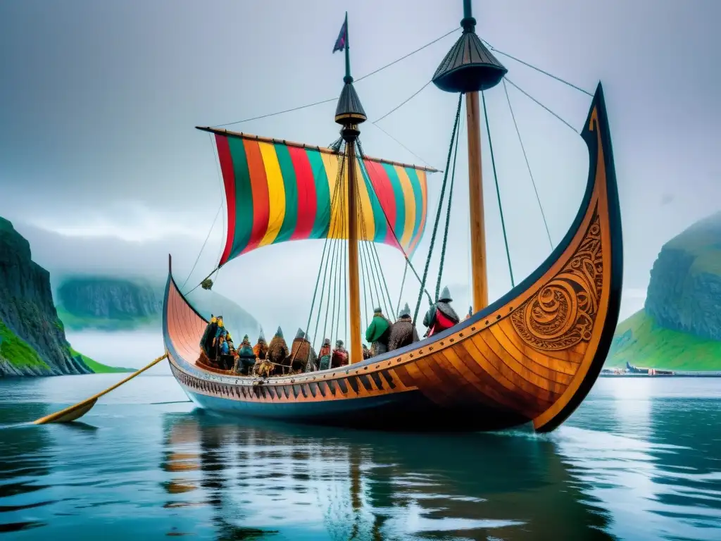 Un majestuoso Barco de Roskilde Vikingo, con intrincadas tallas de batallas y criaturas mitológicas