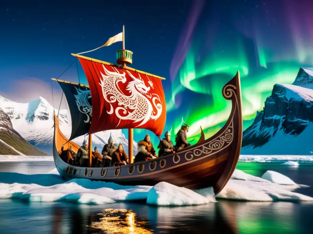 Un majestuoso barco vikingo surca aguas turbulentas bajo auroras boreales, con guerreros y un dragón