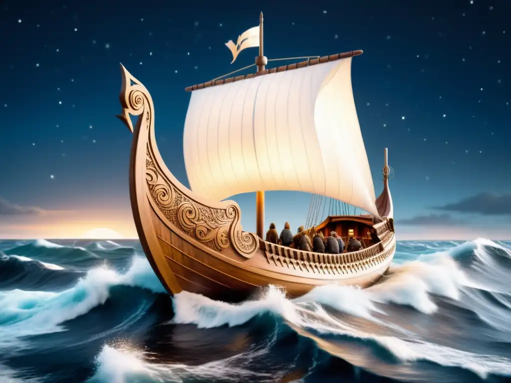 Viking longship: travesía mística bajo la aurora boreal Un majestuoso barco vikingo con animales tótemicos espirituales navegando en mares turbulentos bajo un cielo estrellado