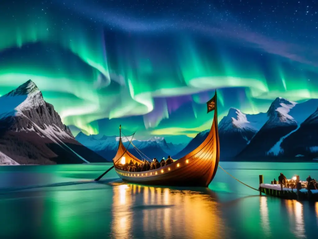 Un majestuoso barco vikingo navega bajo la aurora boreal y montañas nevadas