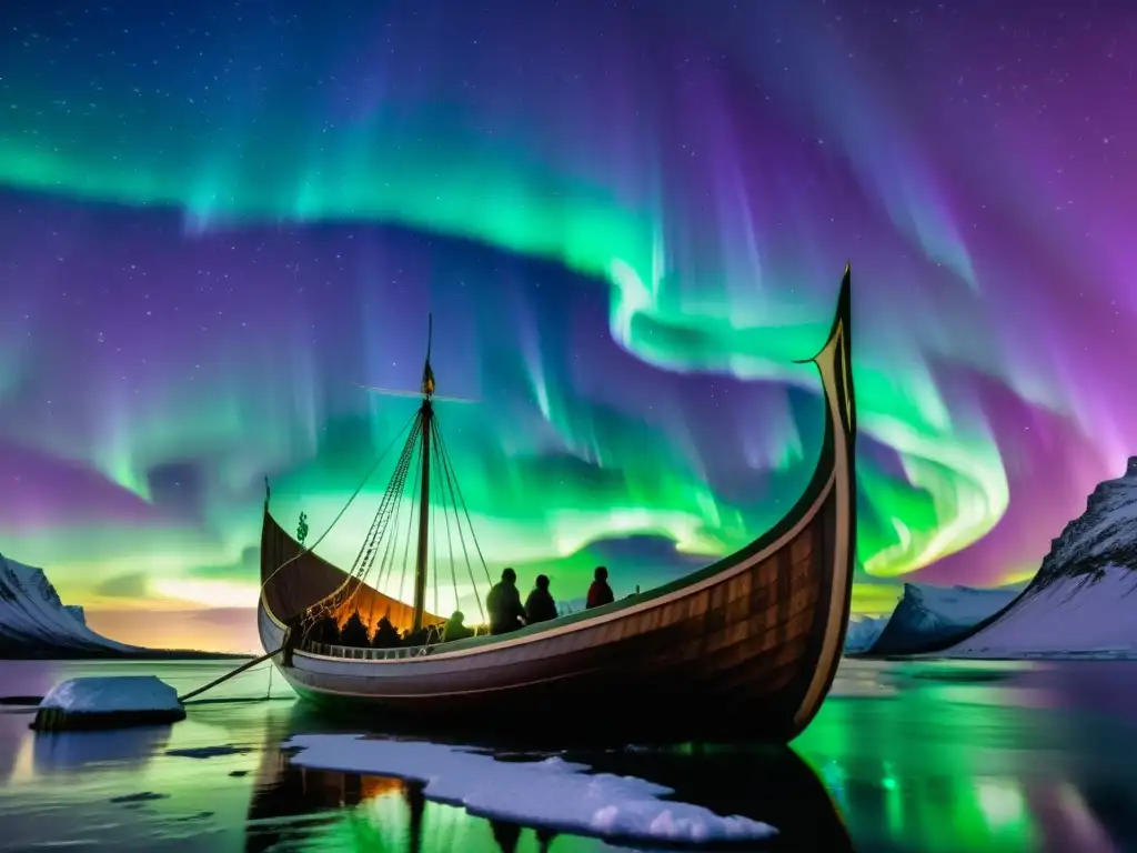 Majestuoso barco vikingo navegando bajo la Aurora Boreal con tripulación asombrada