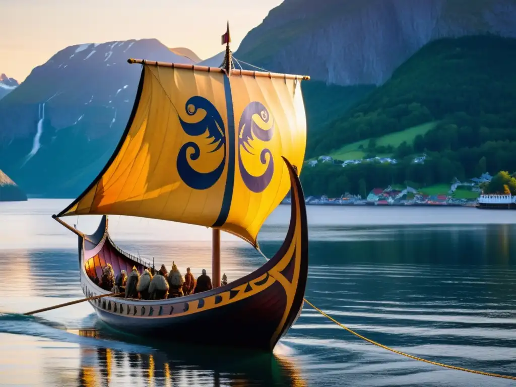 Un majestuoso barco vikingo estilizado navega en un fiordo nórdico bajo el resplandor dorado del sol de medianoche