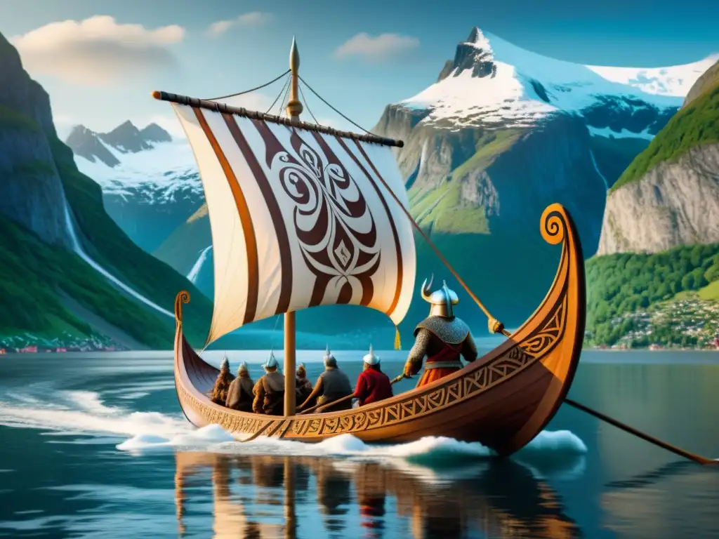 Un majestuoso barco vikingo surca el fiordo con montañas nevadas al fondo, vikingos remando en una ceremonia ancestral