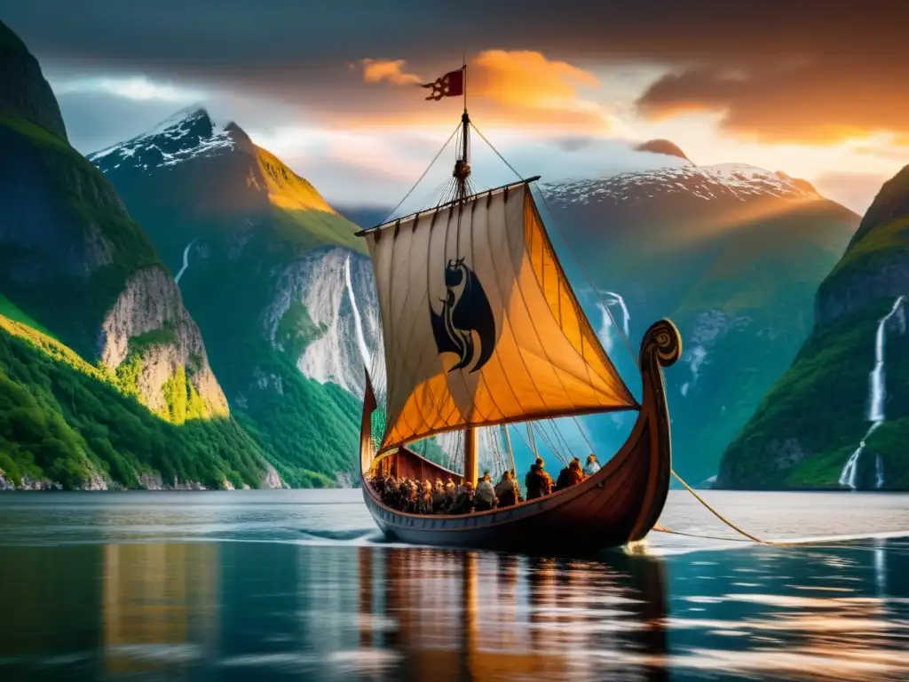 Un majestuoso barco vikingo navegando en un fiordo al atardecer, mostrando artefactos vikingos influencia cultura pop