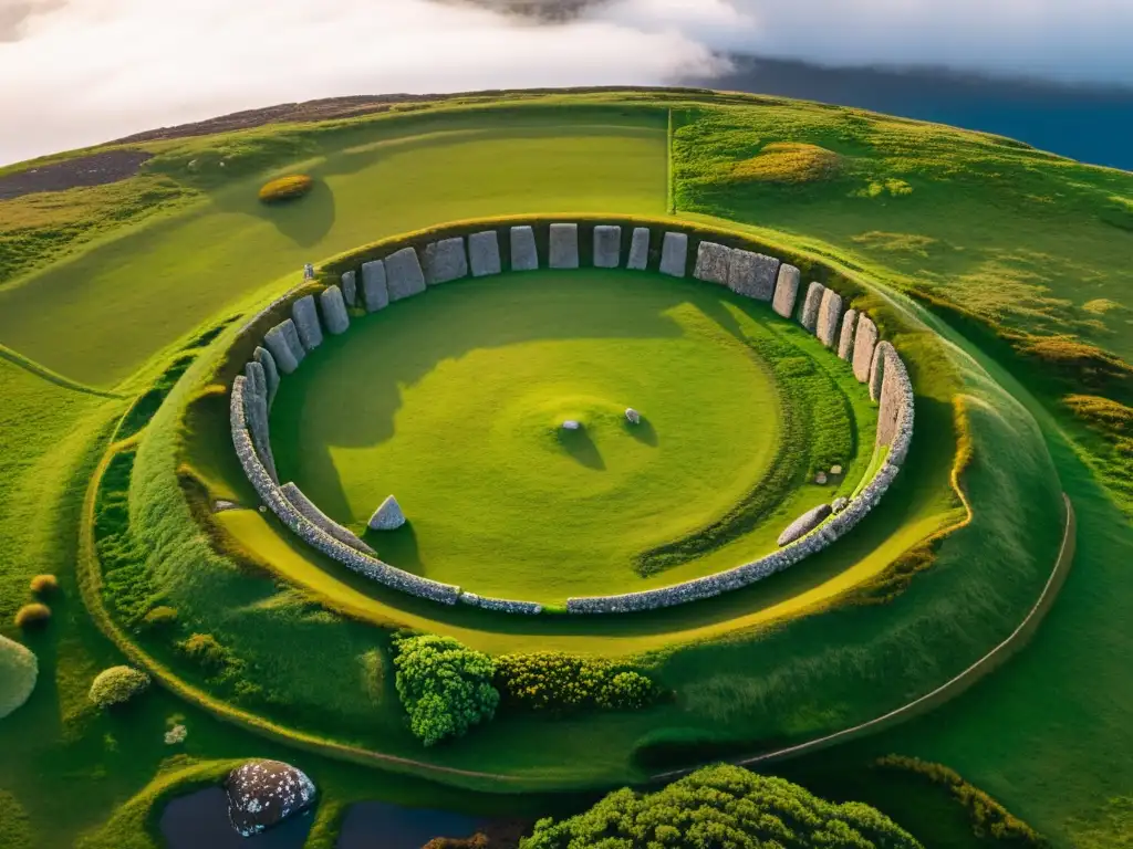 Majestuoso círculo de piedras en Orkney, Escocia, rodeado de vegetación, bajo un cielo dramático