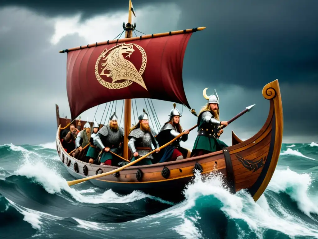 Un majestuoso drakkar vikingo navegando en aguas turbulentas bajo un cielo tormentoso, con guerreros vikingos mostrando su fuerza y determinación