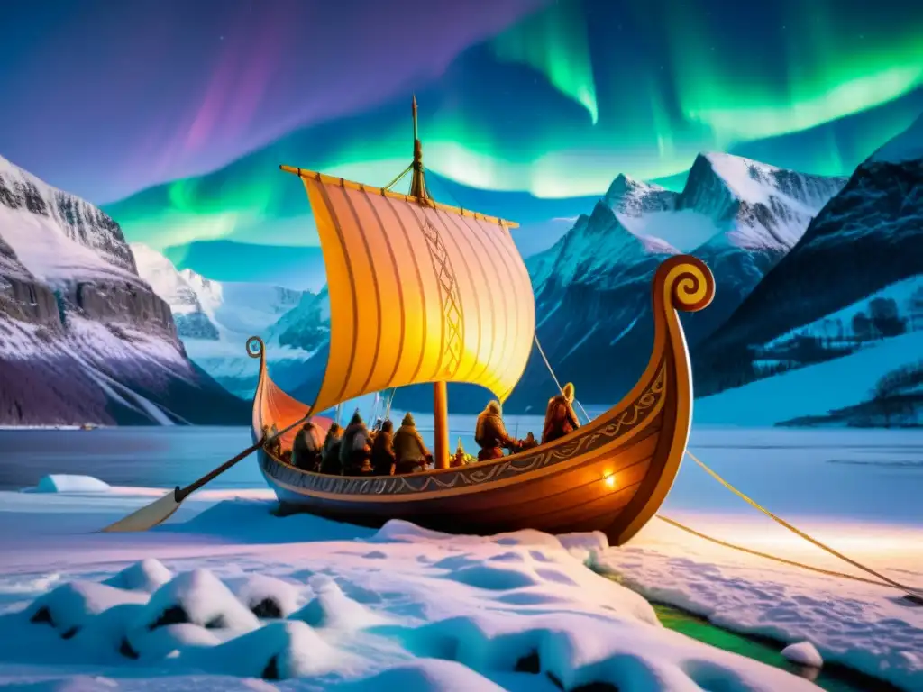 Un majestuoso drakkar vikingo navegando bajo la Aurora Boreal en un fiordo, con guerreros tocando instrumentos nórdicos