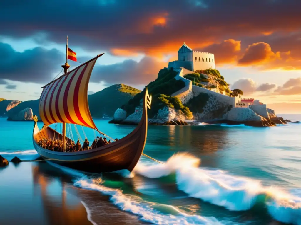 Un majestuoso drakkar vikingo navegando por la costa española al atardecer, fusionando herencia vikinga con cultura española