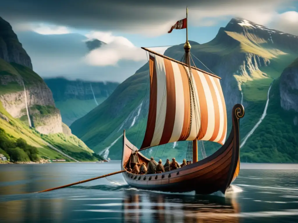 Un majestuoso drakkar vikingo navegando por un fiordo, rodeado de imponentes montañas y un cielo dramático