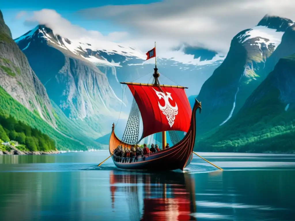 Un majestuoso drakkar vikingo navegando por un fiordo noruego, con montañas nevadas al fondo