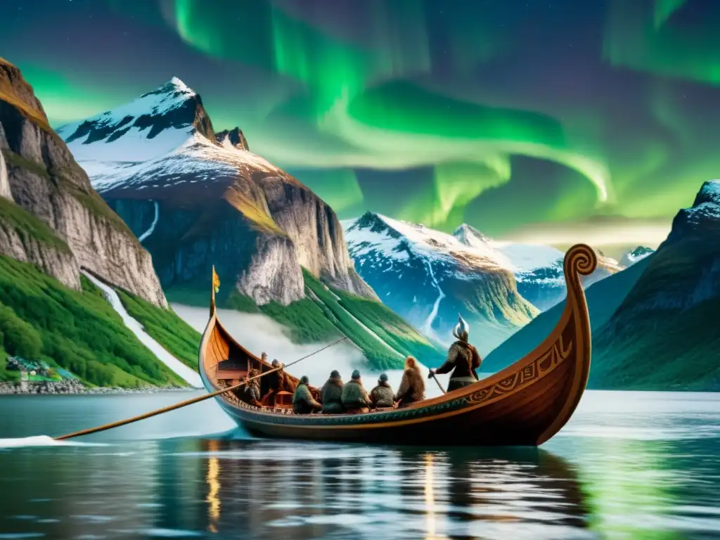 Épica travesía vikinga bajo auroras boreales Un majestuoso drakkar vikingo surcando un fiordo, rodeado de montañas y auroras boreales, reflejando la tradición vikinga en la actualidad